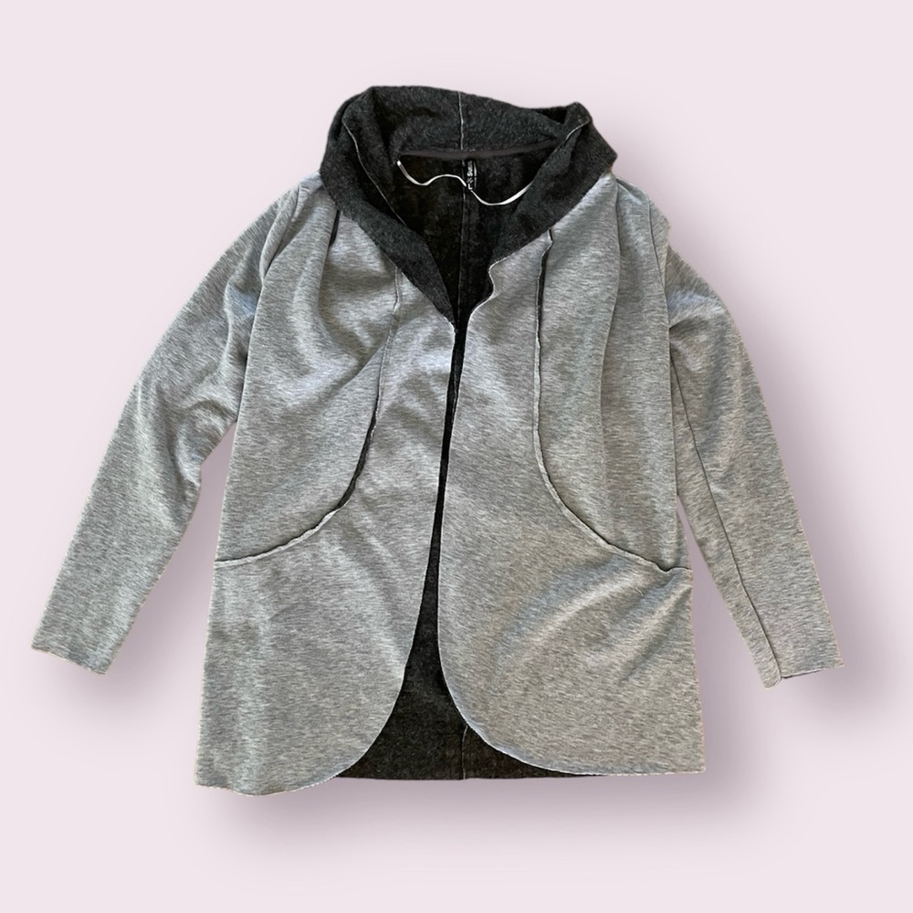 Light & Dark Grey Open Front Fleece-Lined Cardigan L Sweater Jacket Round Hem